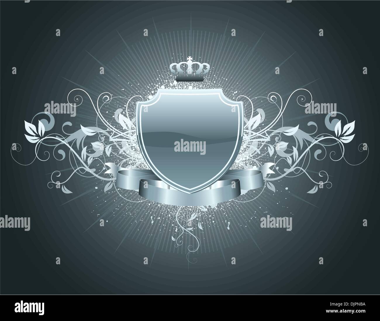 Vector illustration of heraldic shield or badge with banner, crown and ...