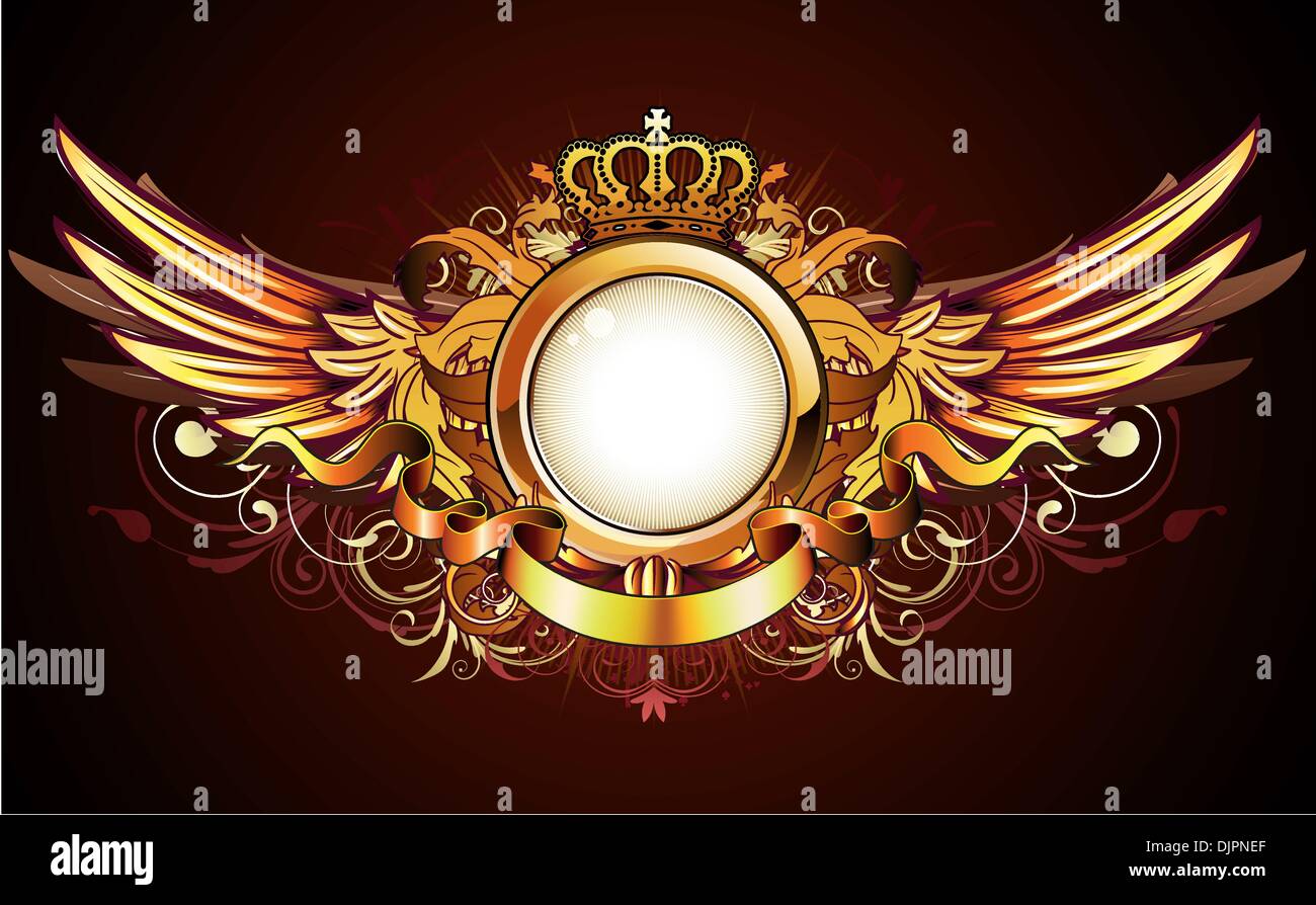 Vector illustration of heraldic golden frame or badge with crown, wings