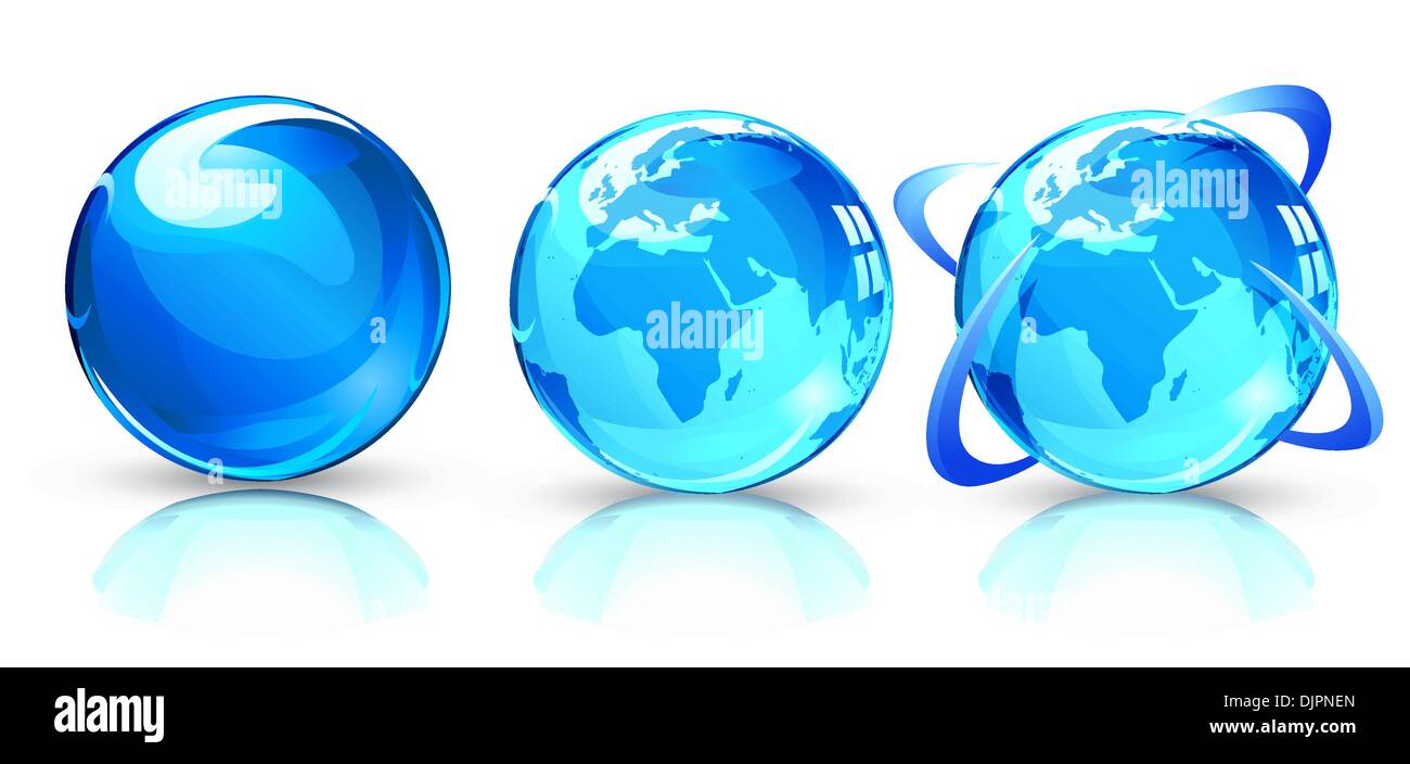 Vector illustration of three blue Glossy Earth Map Globes Stock Vector