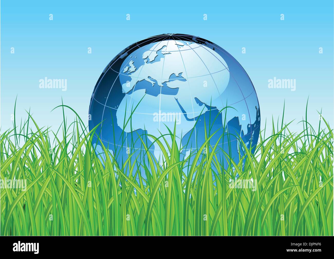 Vector illustration of blue Glossy Earth Map Globe on the green grass ...