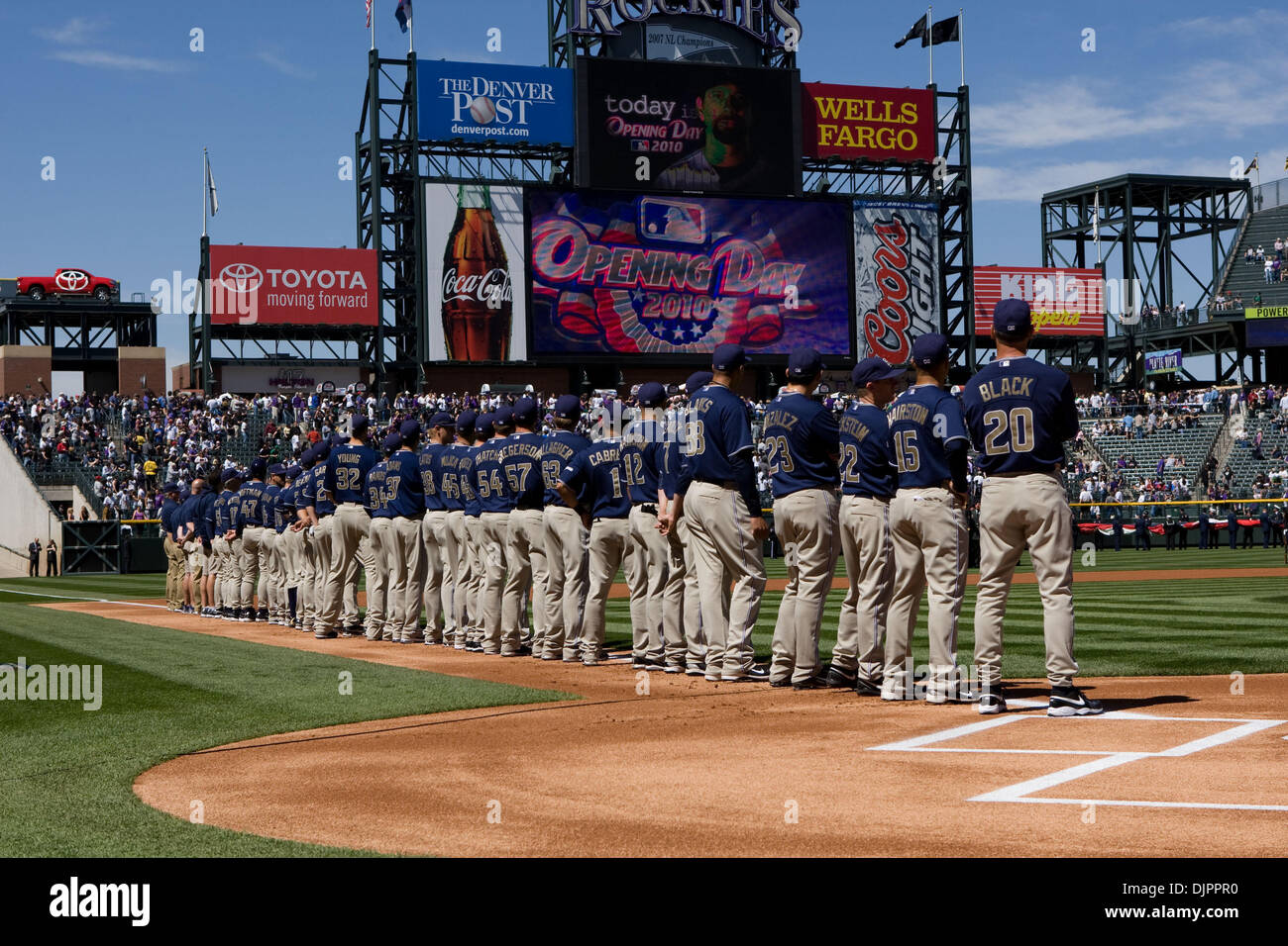 Apr 9, 2010 - Denver, Colorado, USA - The San Diego Padres line up during pre-game ceremonies for The Colorado Rockies Opening Day at Coors Field. The Rockies beat the Padres 7-0. (Credit Image: © Don Senia Murray/ZUMA Press) Stock Photo