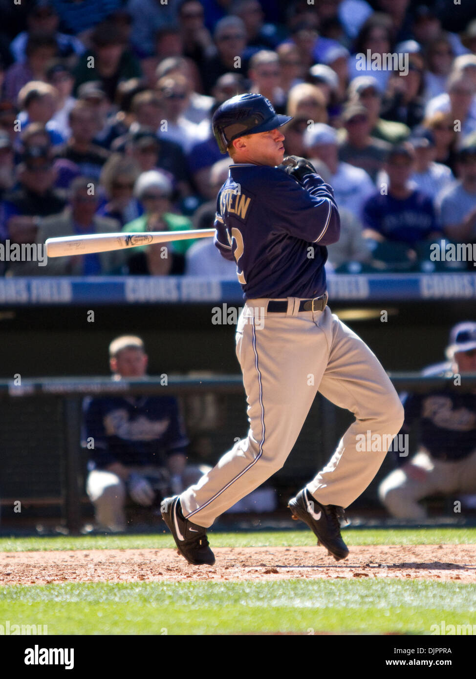 Apr 9, 2010 - Denver, Colorado, USA - San Diego Padres second baseman DAVID ECKSTEIN hits during a 7-0 loss to the Colorado Rockies on Opening Day at Coors Field. (Credit Image: © Don Senia Murray/ZUMA Press) Stock Photo