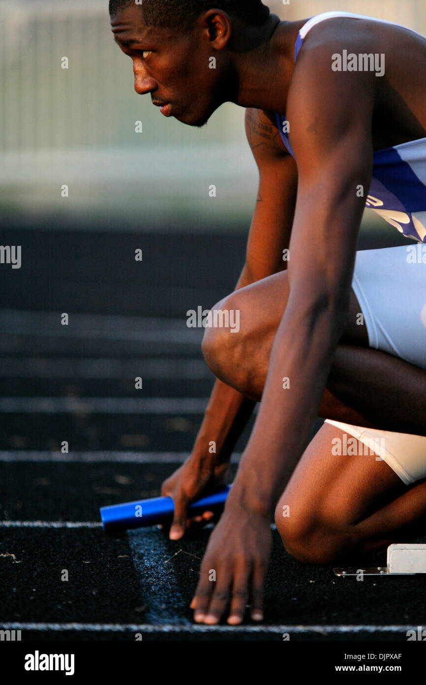 Apr. 23, 2010 - Tampa, Florida, U.S. - TP_321541_FOUN_TRACK.EDMUND D. FOUNTAIN | Times .(04/23/2010 Seffner) Armwood's Treyon Hankerson prepares to run the boys 4x400 meter relay at the District 3A-9 Track meet at Armwood High School on April 23, 2010.   [EDMUND D. FOUNTAIN, Times] (Credit Image: Â© St. Petersburg Times/ZUMApress.com) Stock Photo