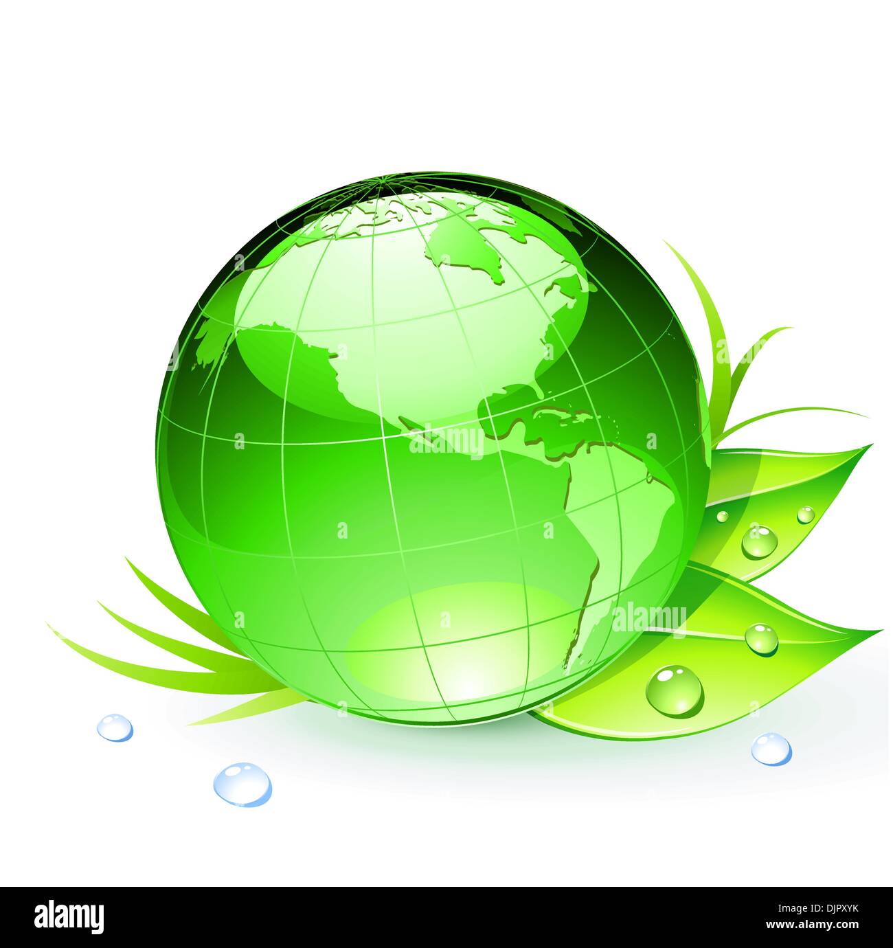 Vector illustration of Green Earth planet with leaves and water drops ...