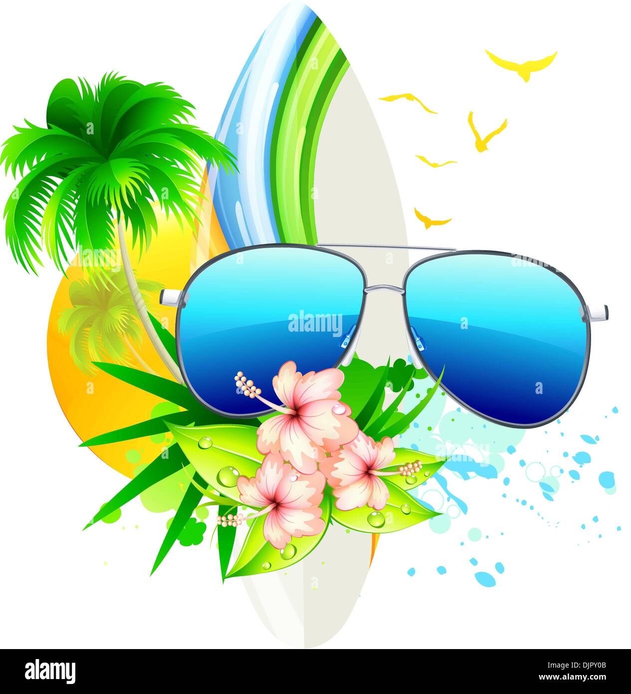 Vector illustration of funky summer  background with palm trees, hibiscus flowers, surfboard and funky sunglasses Stock Vector