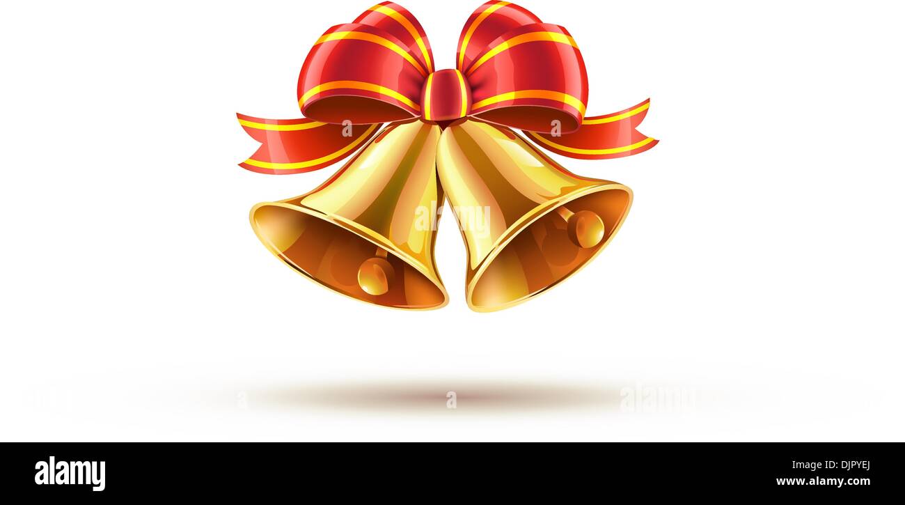Vector illustration of shiny golden Christmas bells decorated with red ...