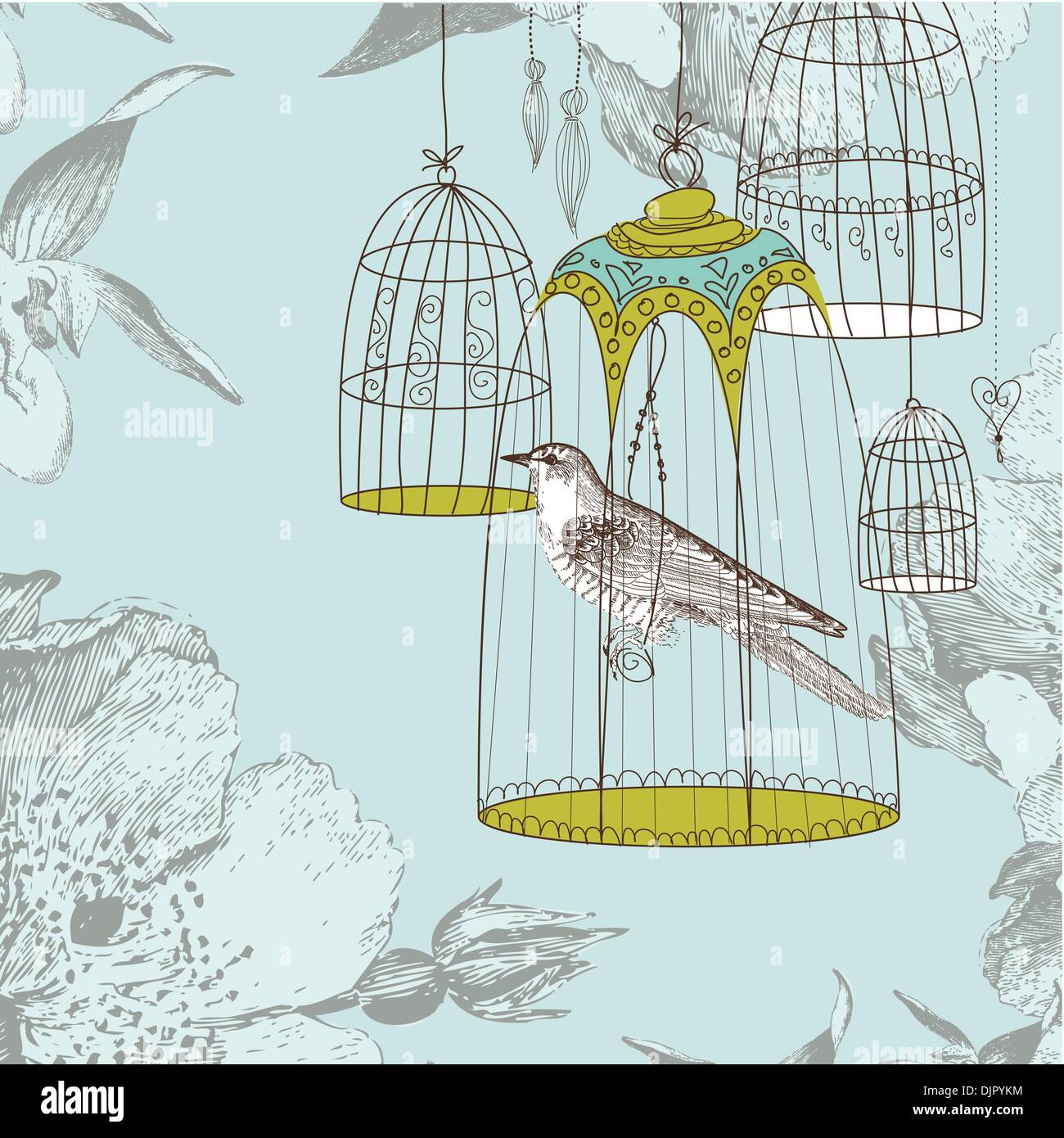 vintage card with a bird in the cage Stock Vector Image & Art - Alamy