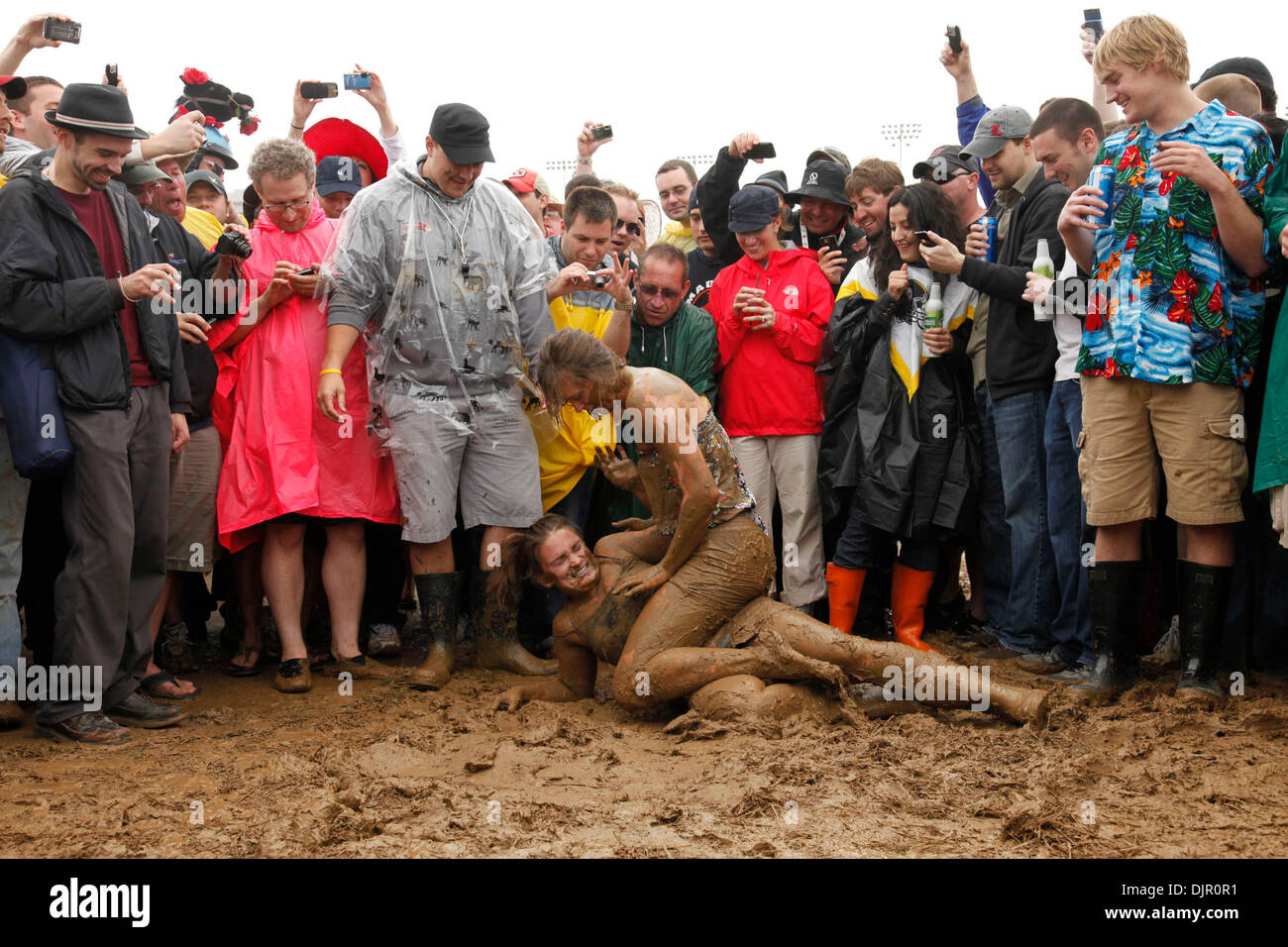 May 01, 2010 - Louisville, Kentucky, U.S. - Sarah Silverstein, Raleigh, N.C., pinned Kelly Schwerzler, New Jersey, in an infield mud-wrestling match at the 136th running of the Kentucky Derby at Churchill Downs Saturday May 1, 2010. Photo by David Stephenson (Credit Image: © Lexington Herald-Leader/ZUMApress.com) Stock Photo