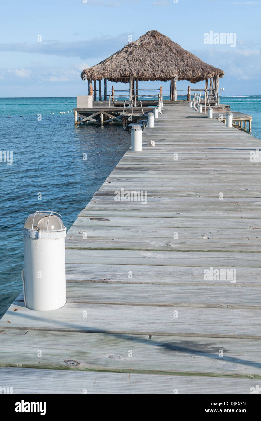 Beach Deck with Palapa floating in the water Stock Photo