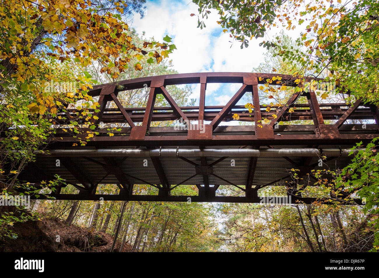 Historic one lane bridge in autumn in Concord Covered Bridge Historic District in Smyrna, Georgia. Stock Photo