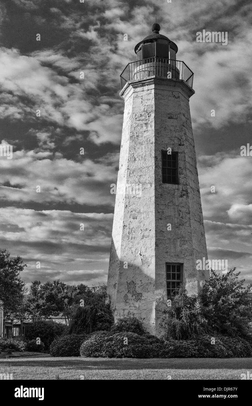 Black and White of Old Point Comfort Lighthouse, built in 1803, at the entrance to Hampton Roads Harbor in Fort Monroe National Monument, Virginia. Stock Photo