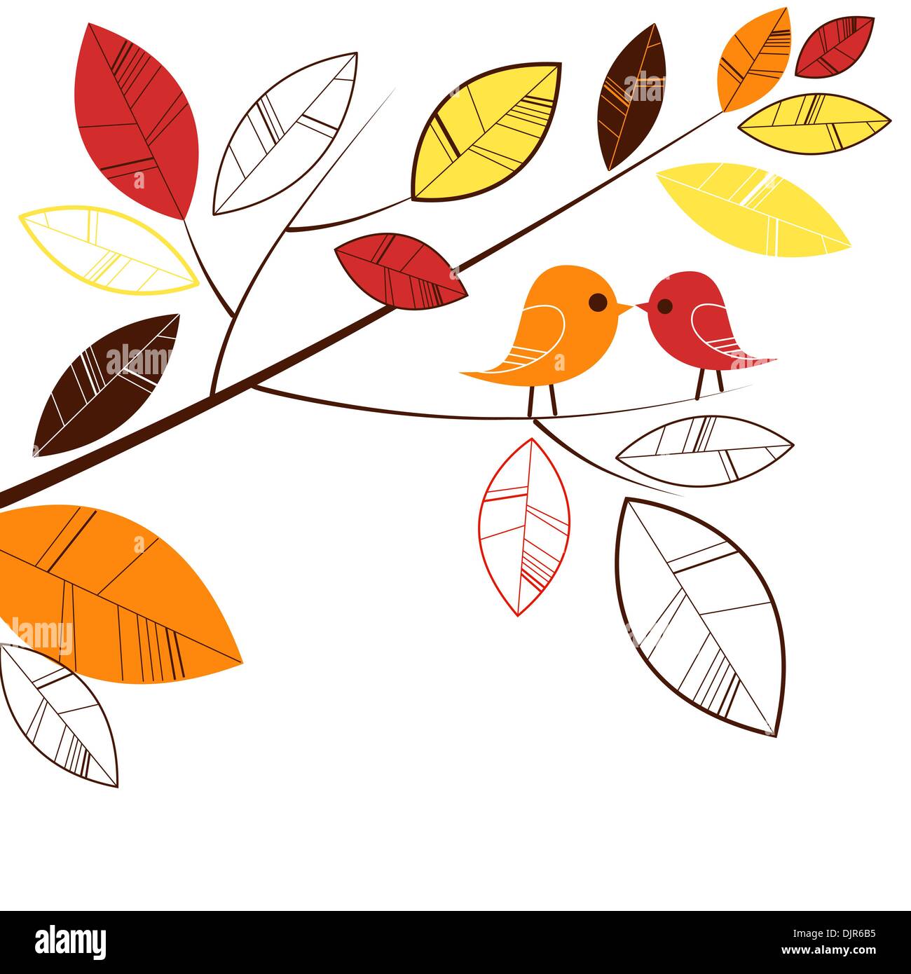 Autumn leaves and two birds kissing Stock Vector