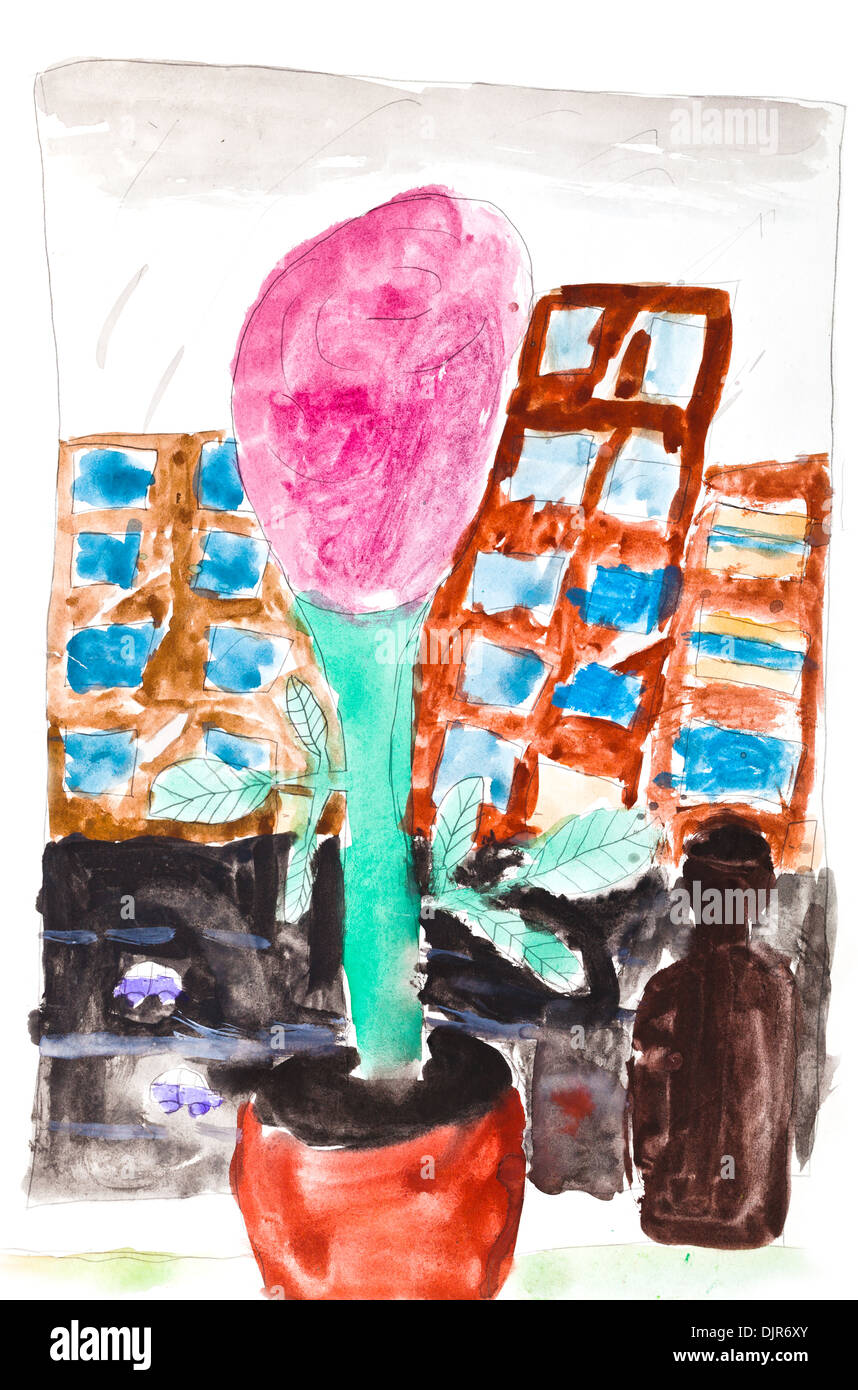 children drawing - pink flower in pot and brown bottle on home windowsill Stock Photo