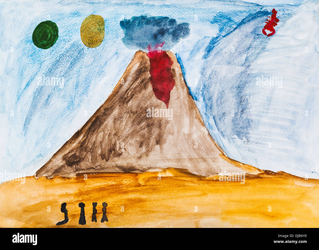 children drawing - people near active volcano in extraterrestrial world Stock Photo