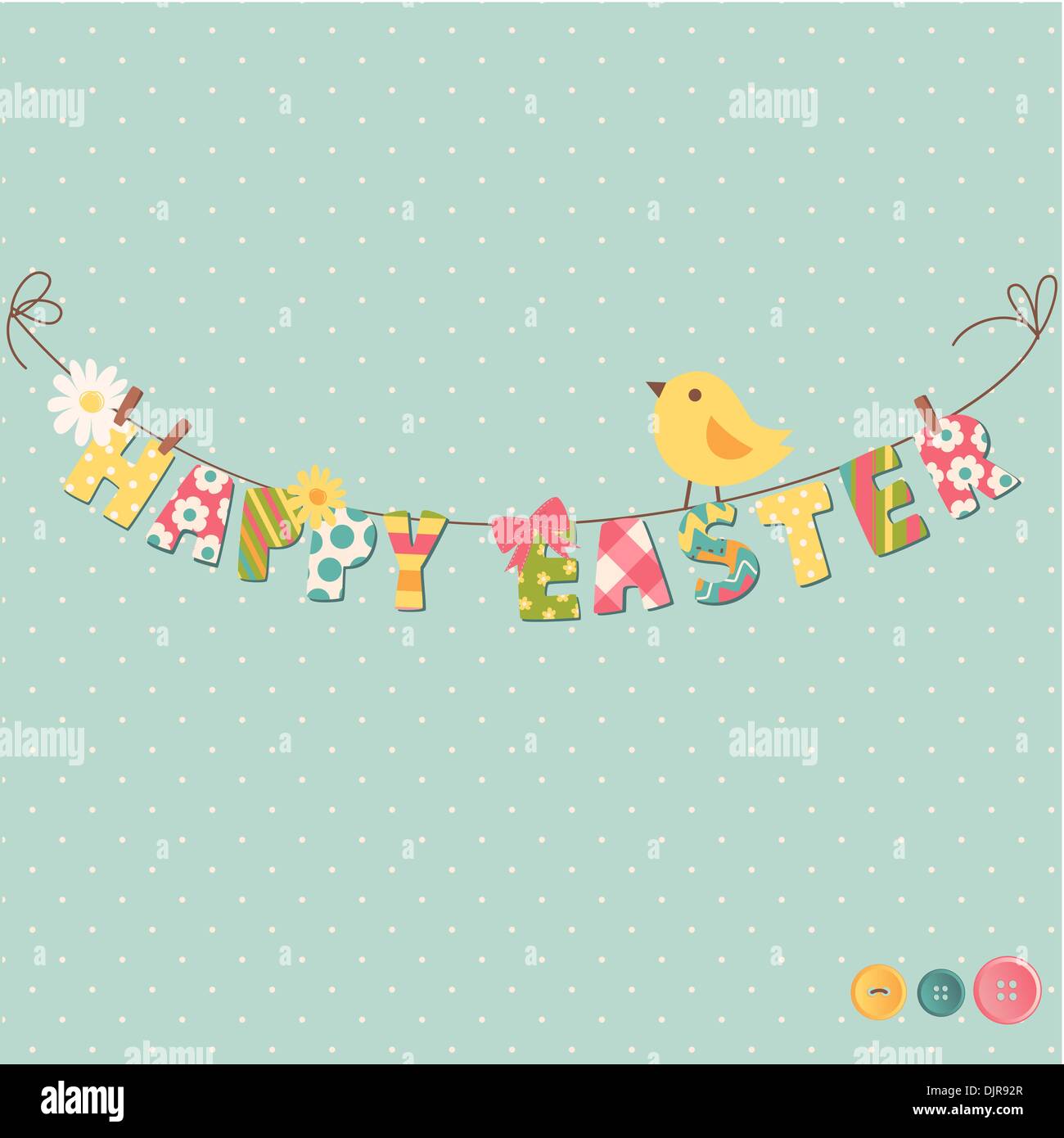 Cute Happy Easter card. Clothesline with letters on it. Stock Vector