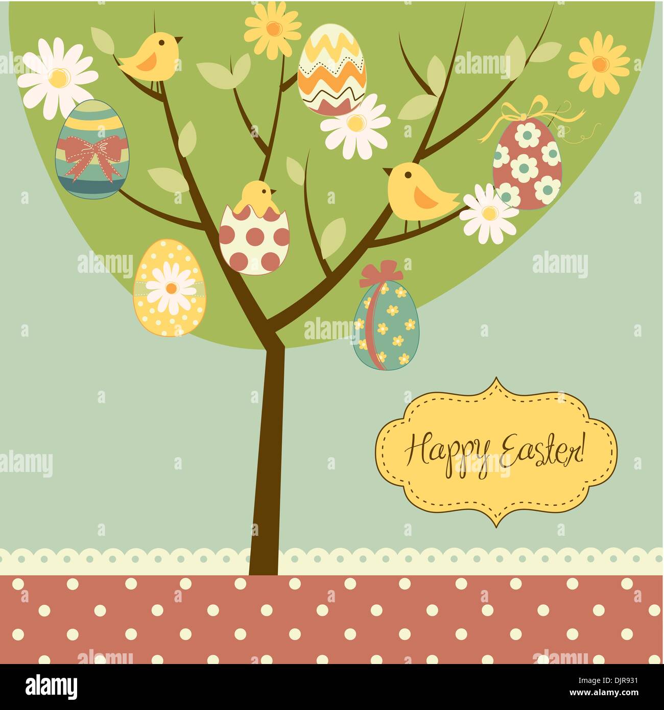 Retro Easter card with a tree, painted eggs, cicks, flowers and other cute elements Stock Vector