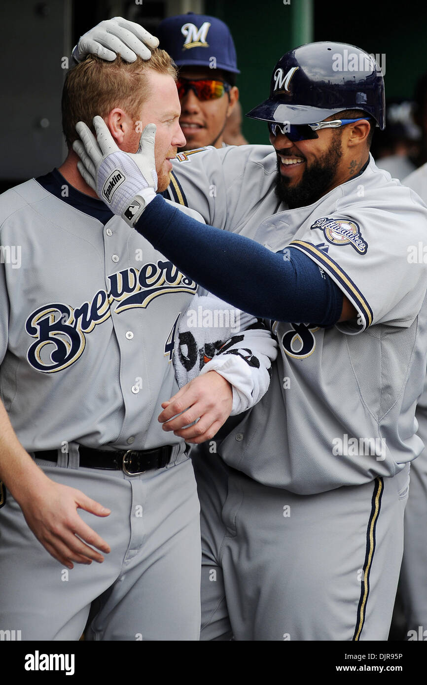 Apr. 22, 2010 - Pittsburgh, PA, U.S - 22 April 2010: Milwaukee Brewers' 1B Prince Fielder (28) jokes around with Milwaukee Brewers' starting pitcher Randy Wolf (43) after Fielder's home run shot in the second inning of game 3 of a 3 game series between the Pirates and Brewers at PNC Park in Pittsburgh, PA...Brewers won game 3 of the series by a score of 20-0 and sweeping the Pirate Stock Photo
