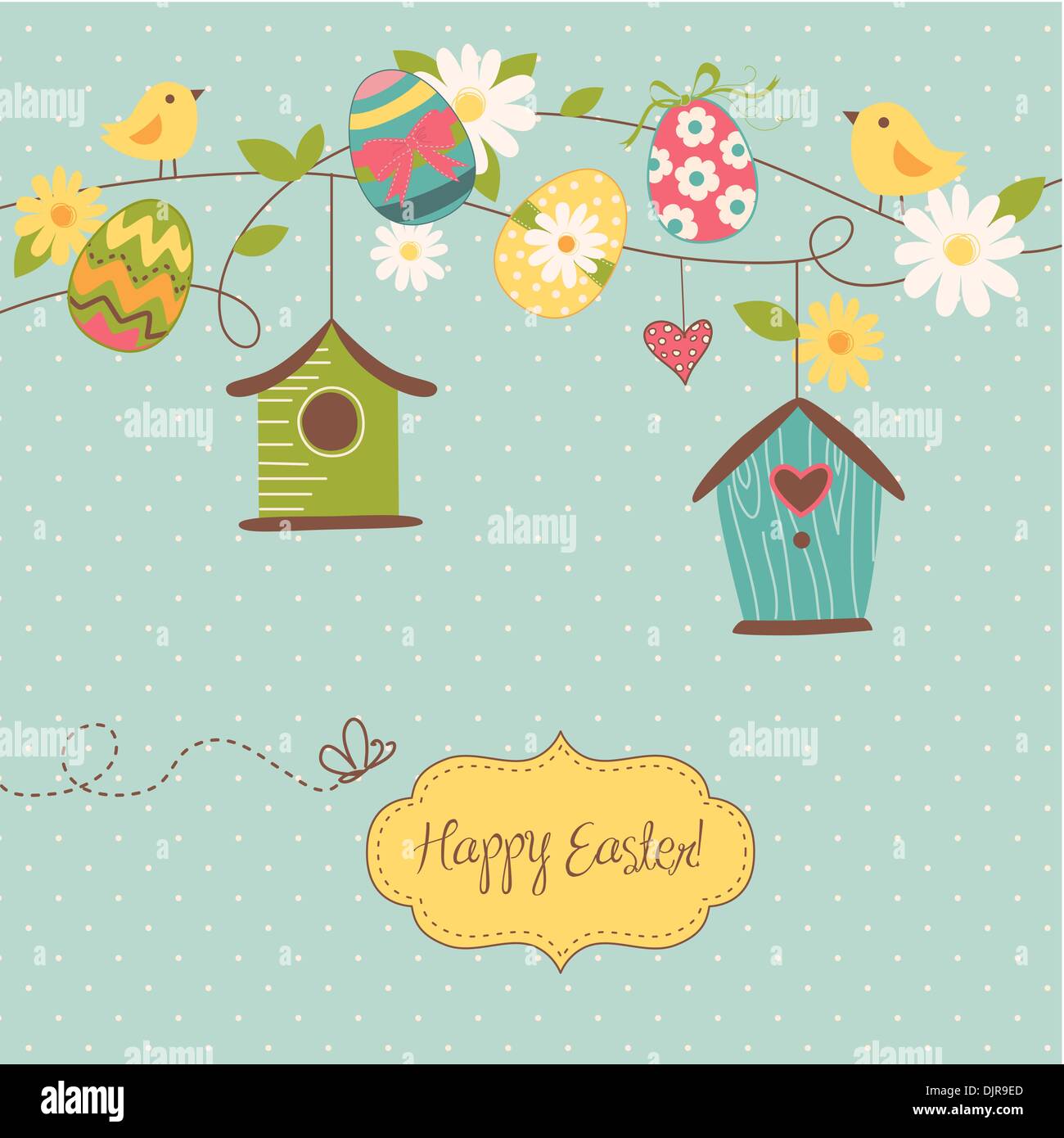 Beautiful Spring backgroun with bird houses, birds, eggs and flowers Stock Vector