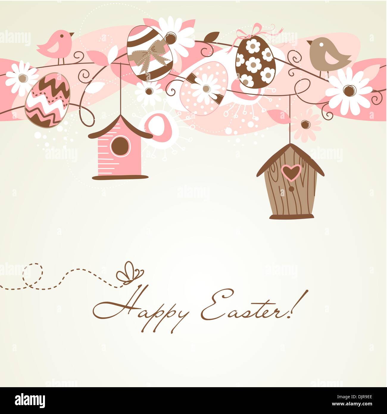 Beautiful Spring backgroun with bird houses, birds, eggs and flowers Stock Vector