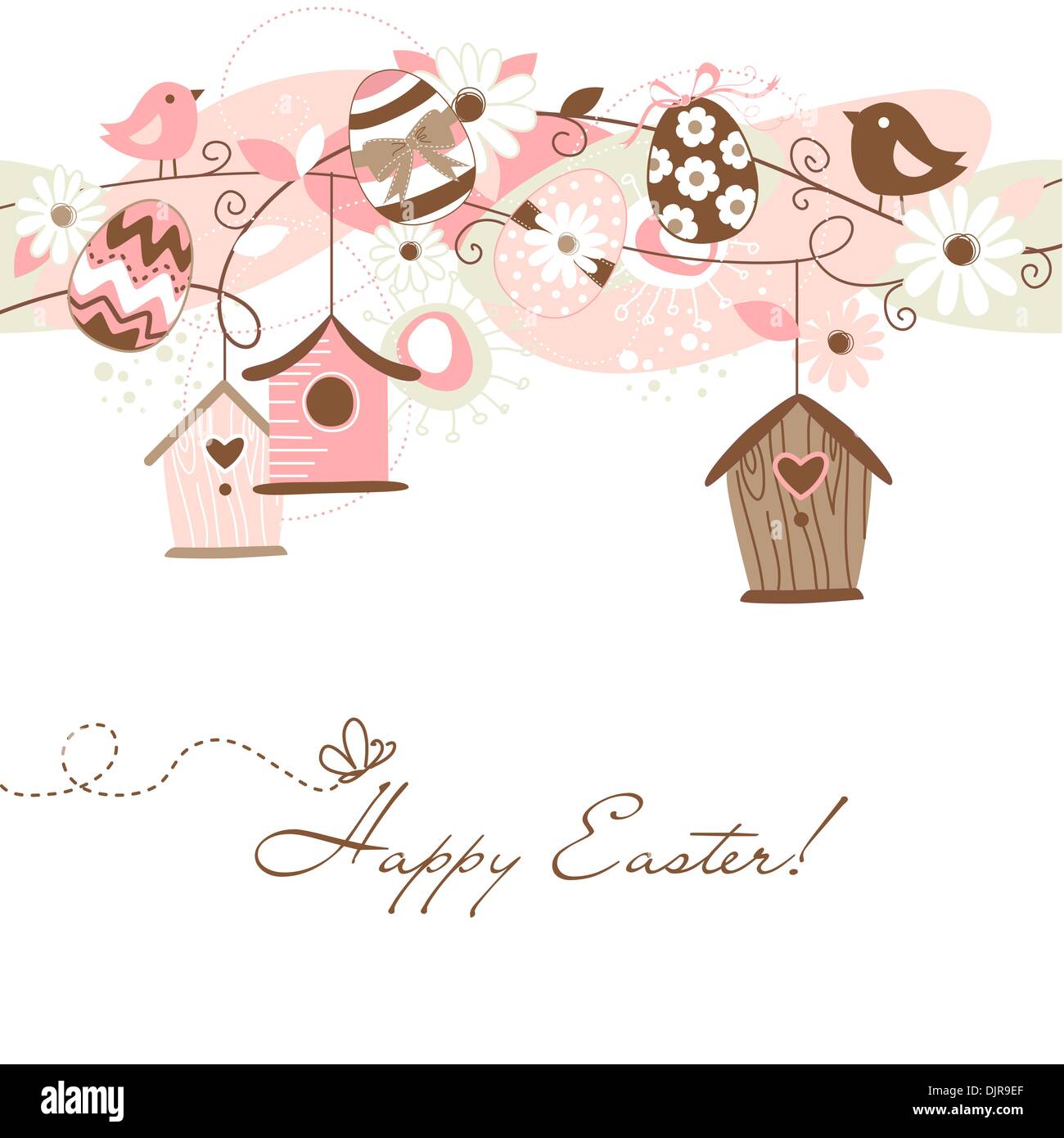 Beautiful Spring backgroun with bird houses, birds, eggs and flowers Stock Vector