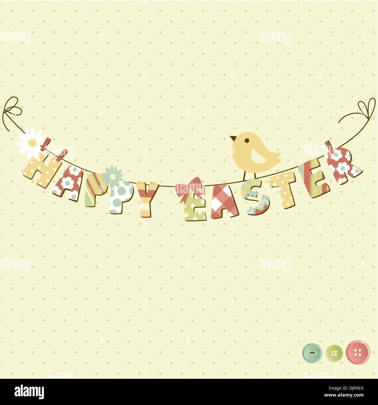 Cute Happy Easter card. Clothesline with letters on it. Stock Vector