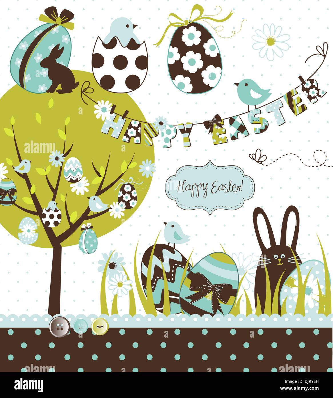 Easter Extravaganza. Big Easter set with cute chocolate rabbit, colourful eggs, chicks, Easter tree and a Clothesline with lette Stock Vector