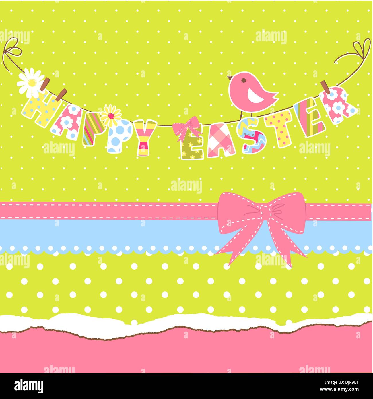 Cute Happy Easter card. Clothesline with letters on it. Stock Vector