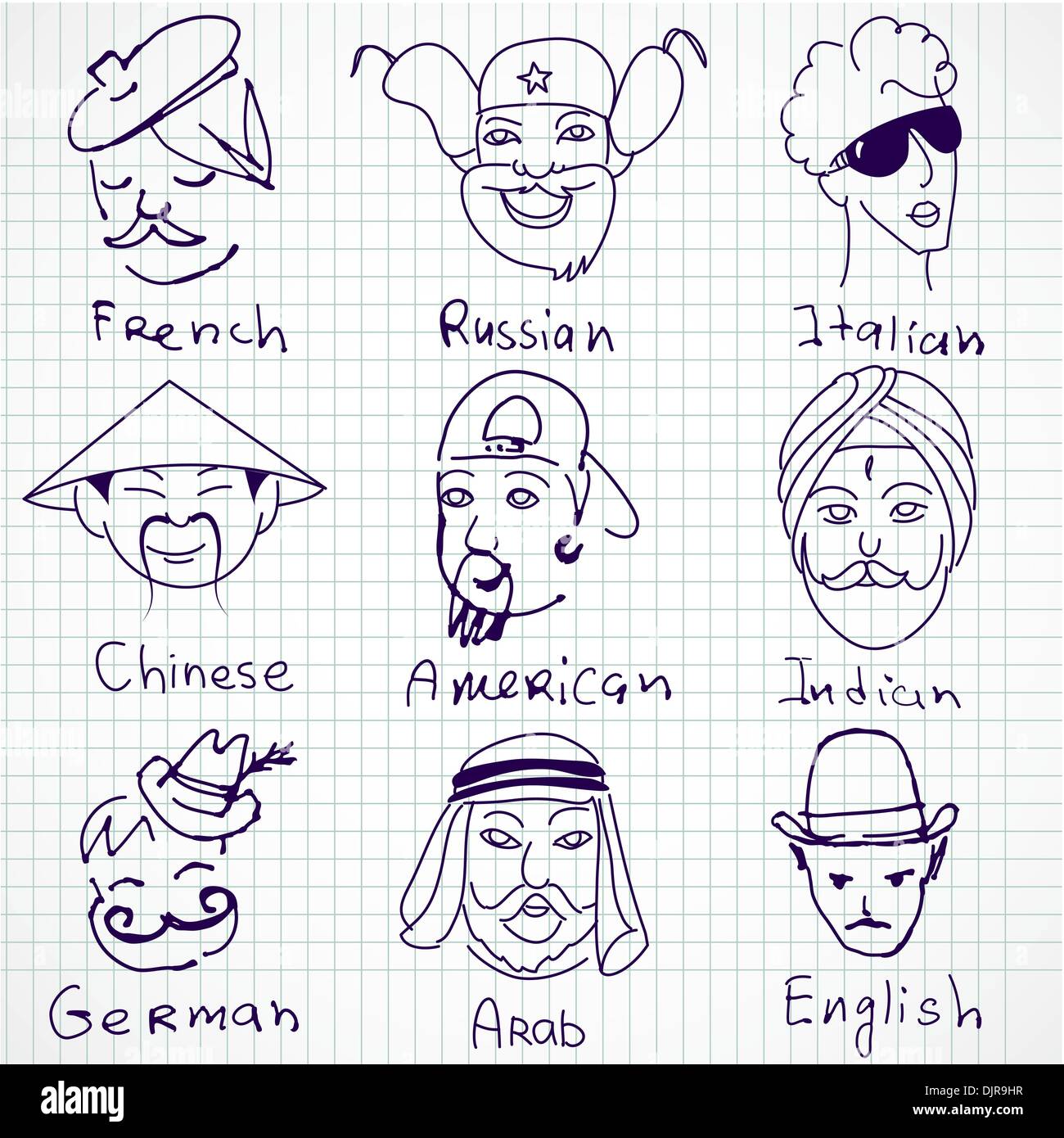 Different stereotypes of nationalities from all over the world. Hand drawn doodles. Stock Vector