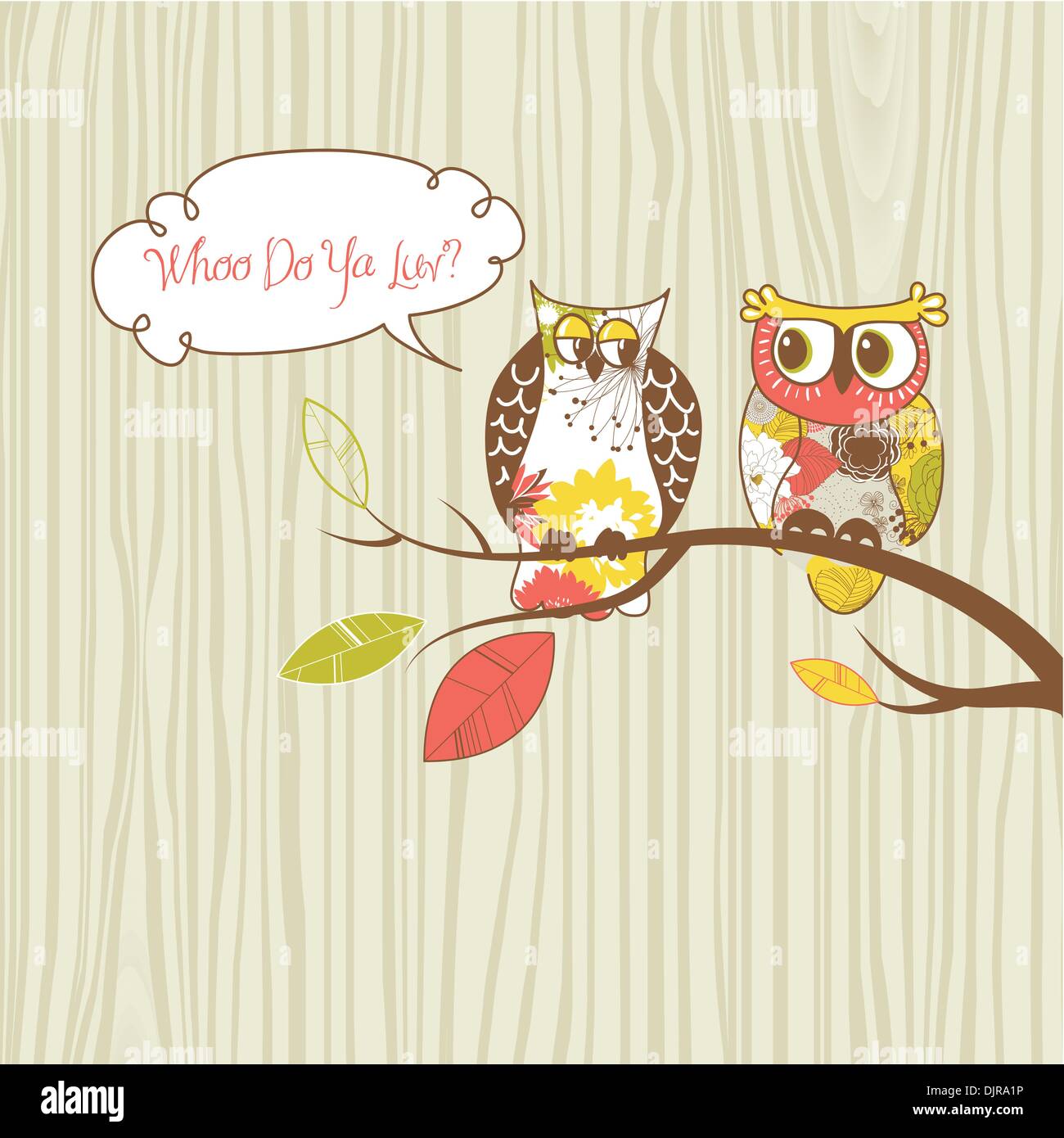 Two pretty owls sitting on the branch. Stock Vector