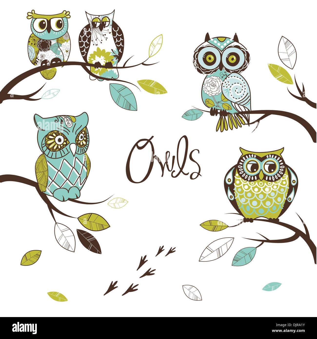 Collection of five different owls, sitting on the tree brunches Stock Vector