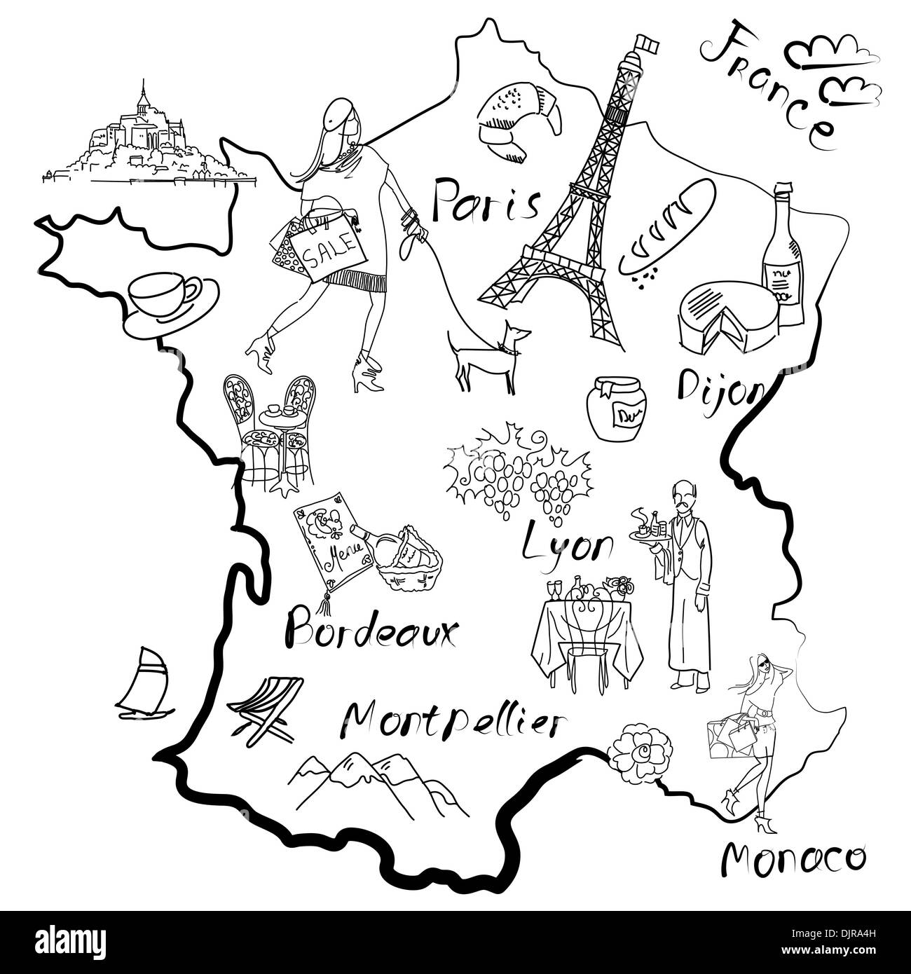 Stylized map of France. Things that different Regions in France are famous for. Stock Vector
