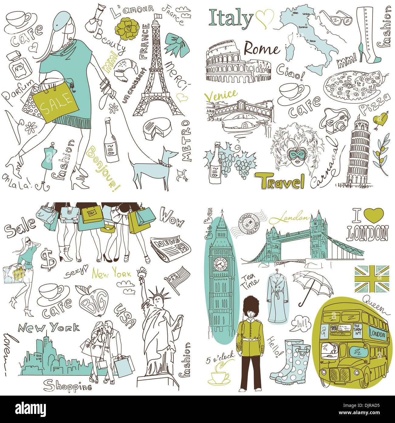 Italy, England, France, USA - four wonderful collections of hand drawn doodles Stock Vector