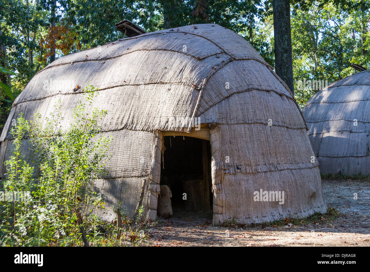 Powhatan Native American Village at Jamestown Settlement living history museum in Jamestown, Virginia. Stock Photo