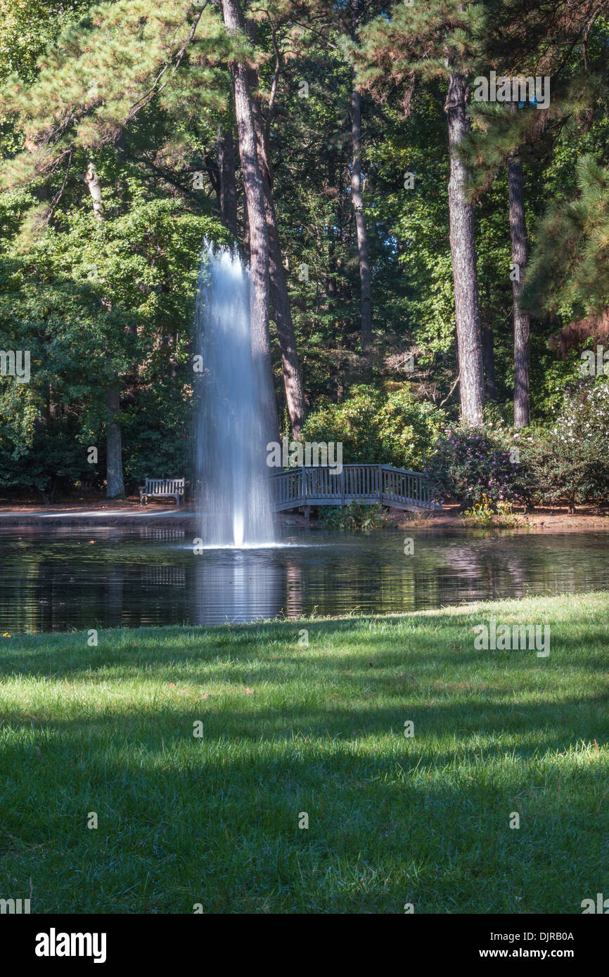 Lake and fountain at Norfolk Botanical Gardens in Norfolk, Virginia