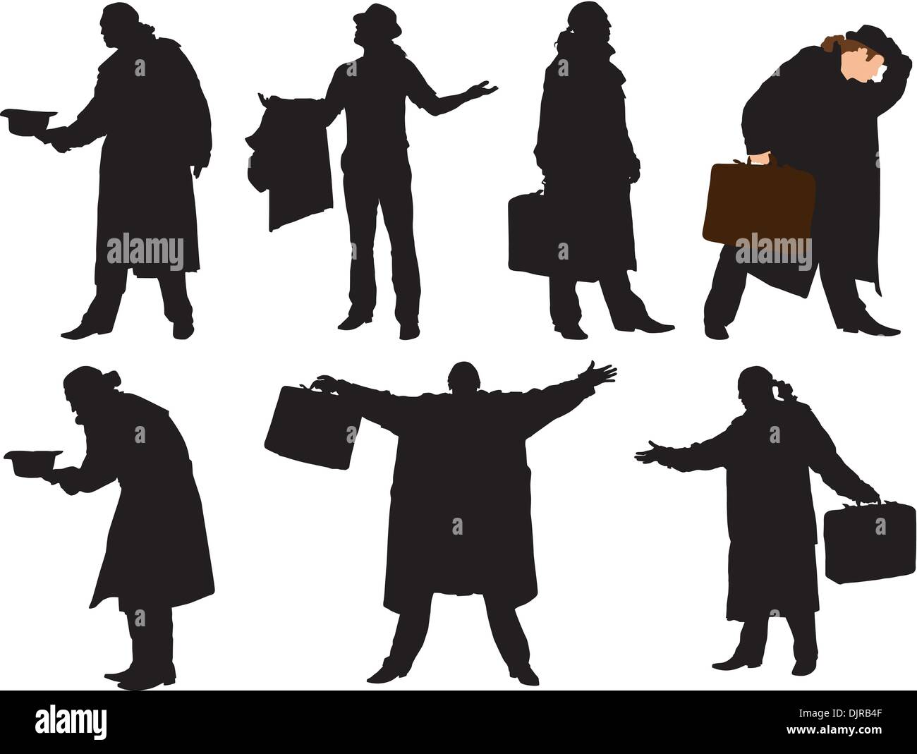 A collection of silhouettes of men in a cloak with a suitcase. Vector ...