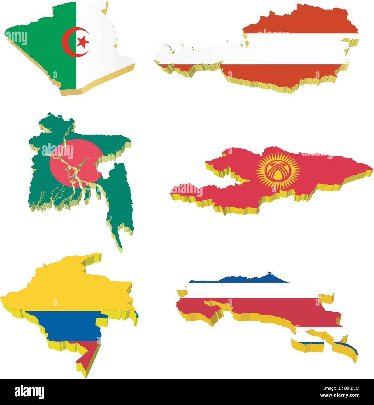 Collection volume vector maps of Algeria, Austria, Bangladesh, Kyrgyzstan, Costa Rica, Colombia Stock Vector