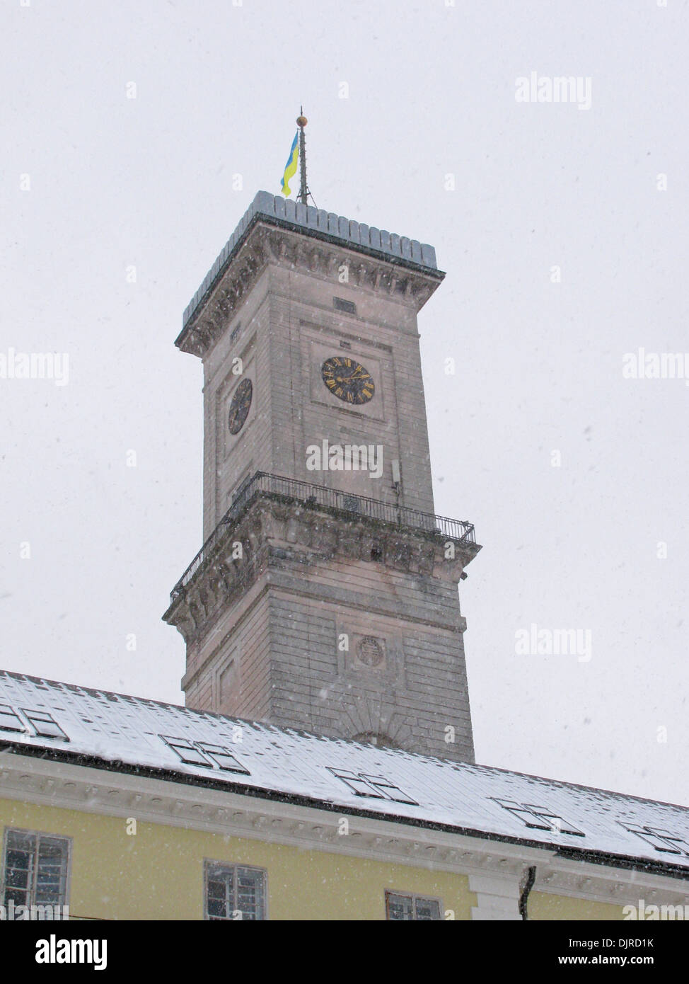 Lviv Town Hall at snowing weather Stock Photo