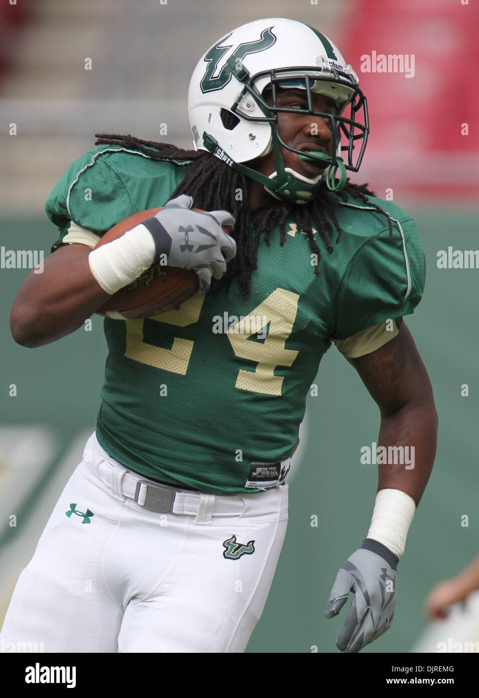 Apr. 17, 2010 - Tampa, Florida, U.S - 17 April 2010: USF running back Bradley Battles (#24) warms up prior to the game. Team South Florida defeated Team Bulls  52-31 as USF played their spring football game at Raymond James Stadium in Tampa, Florida (Credit Image: © Margaret Bowles/Southcreek Global/ZUMApress.com) Stock Photo
