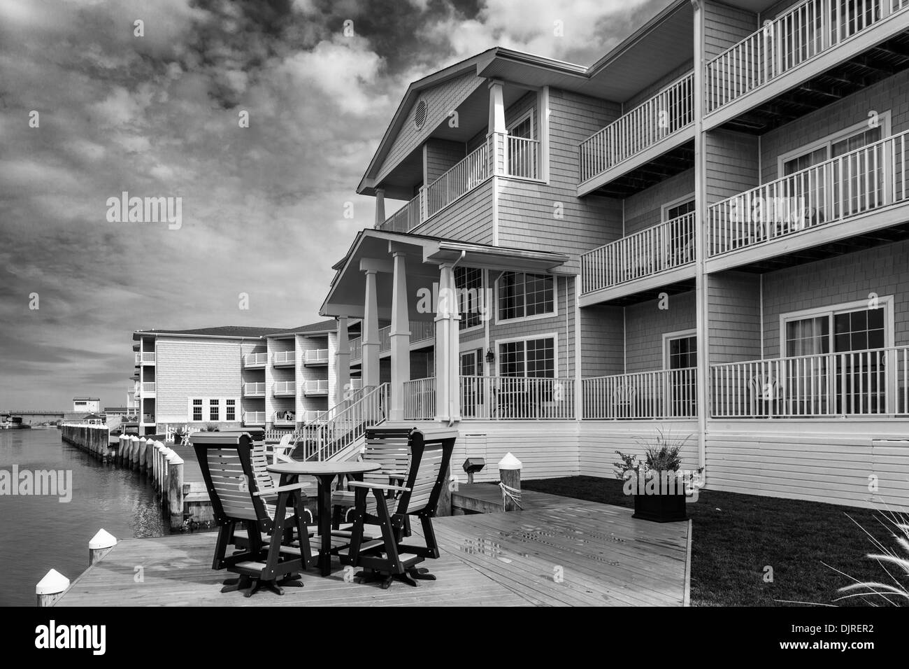 Black and white photo of Hampton Inn and Suites on Chincoteague Island, Virginia. Stock Photo