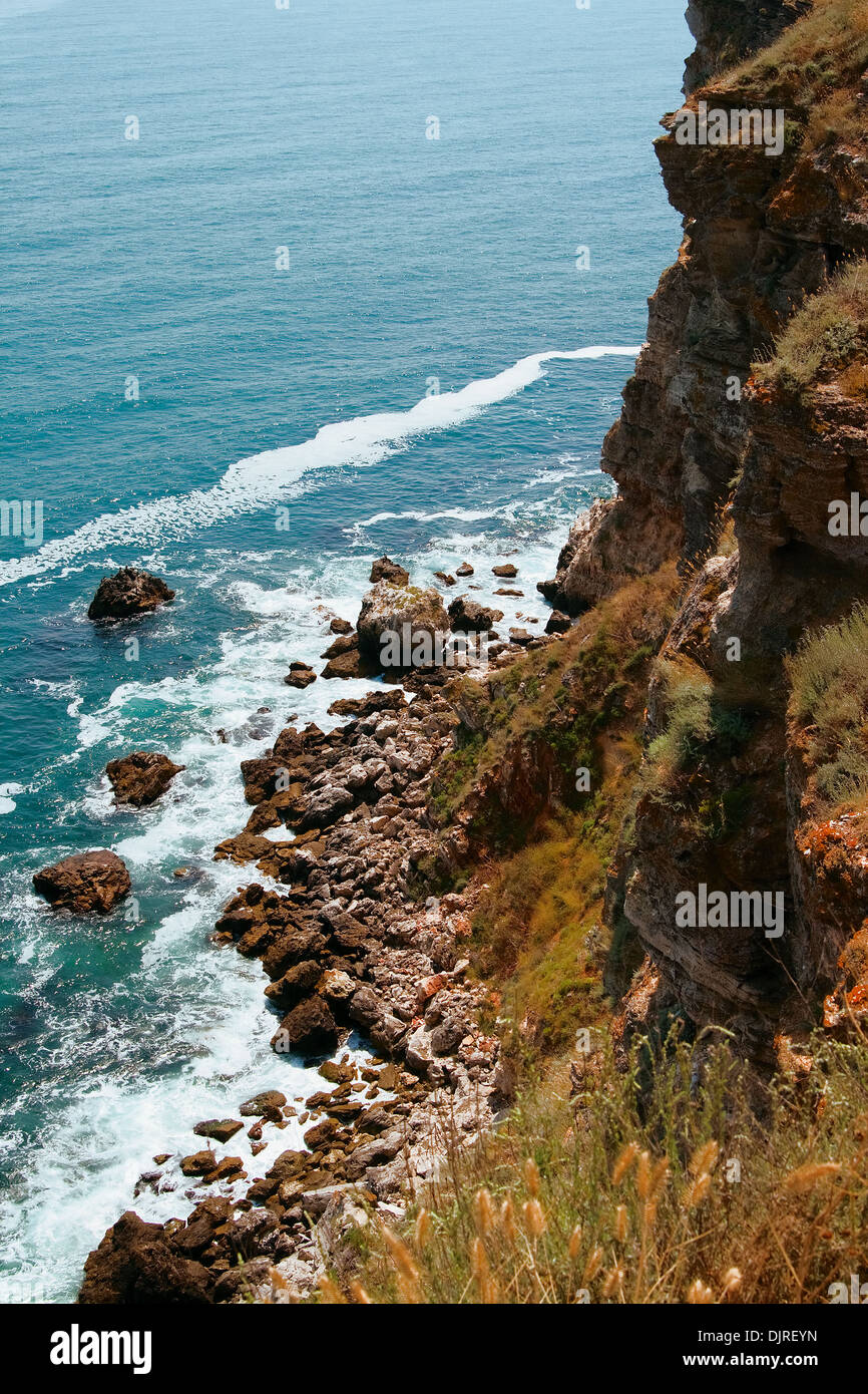 The rocky sea shore and waves, black sea, seascape. Kaliakra, Bulgaria. Stock Photo