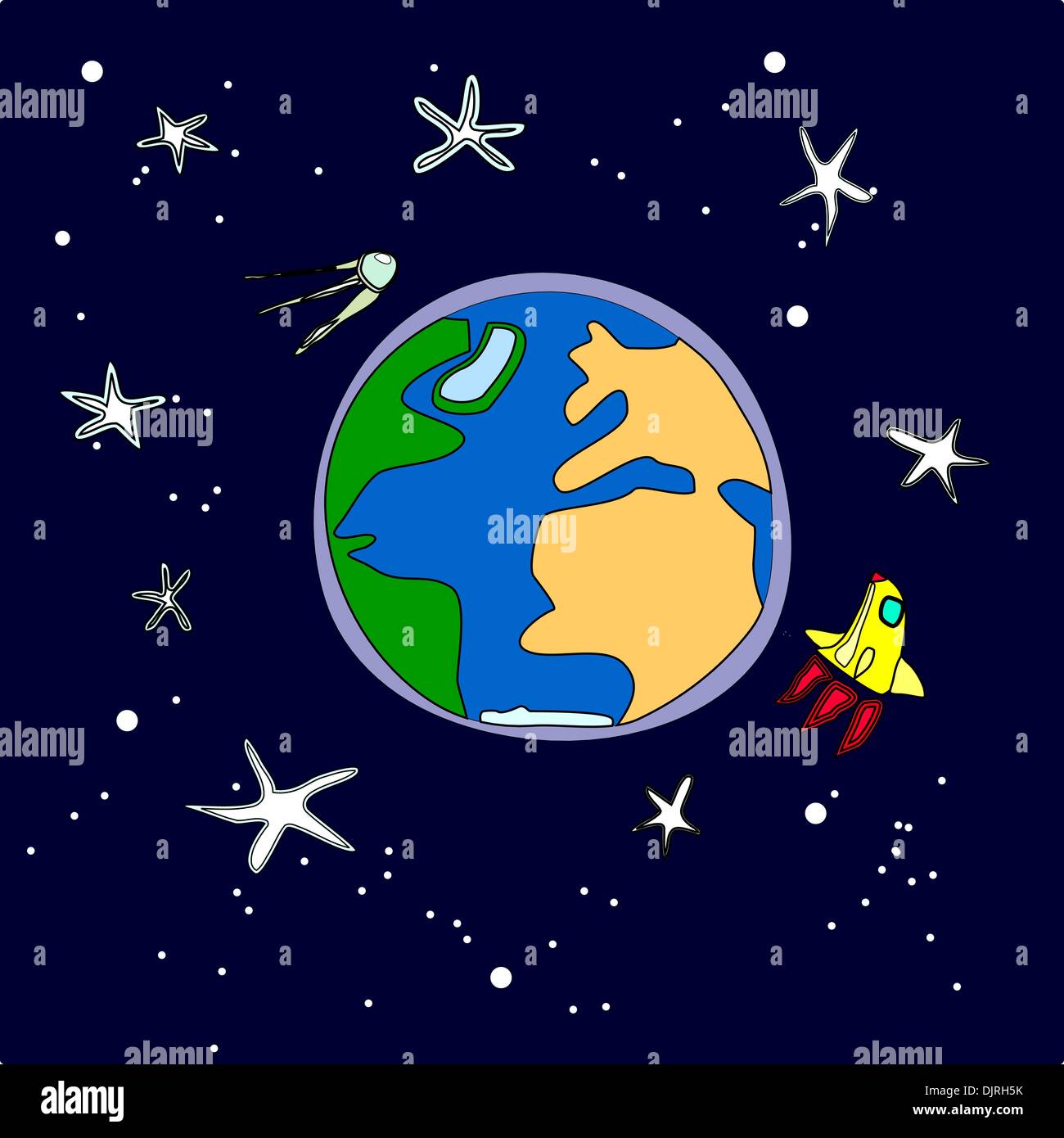 Vector illustration of the Earth with the rocket and the satellite. Stock Vector