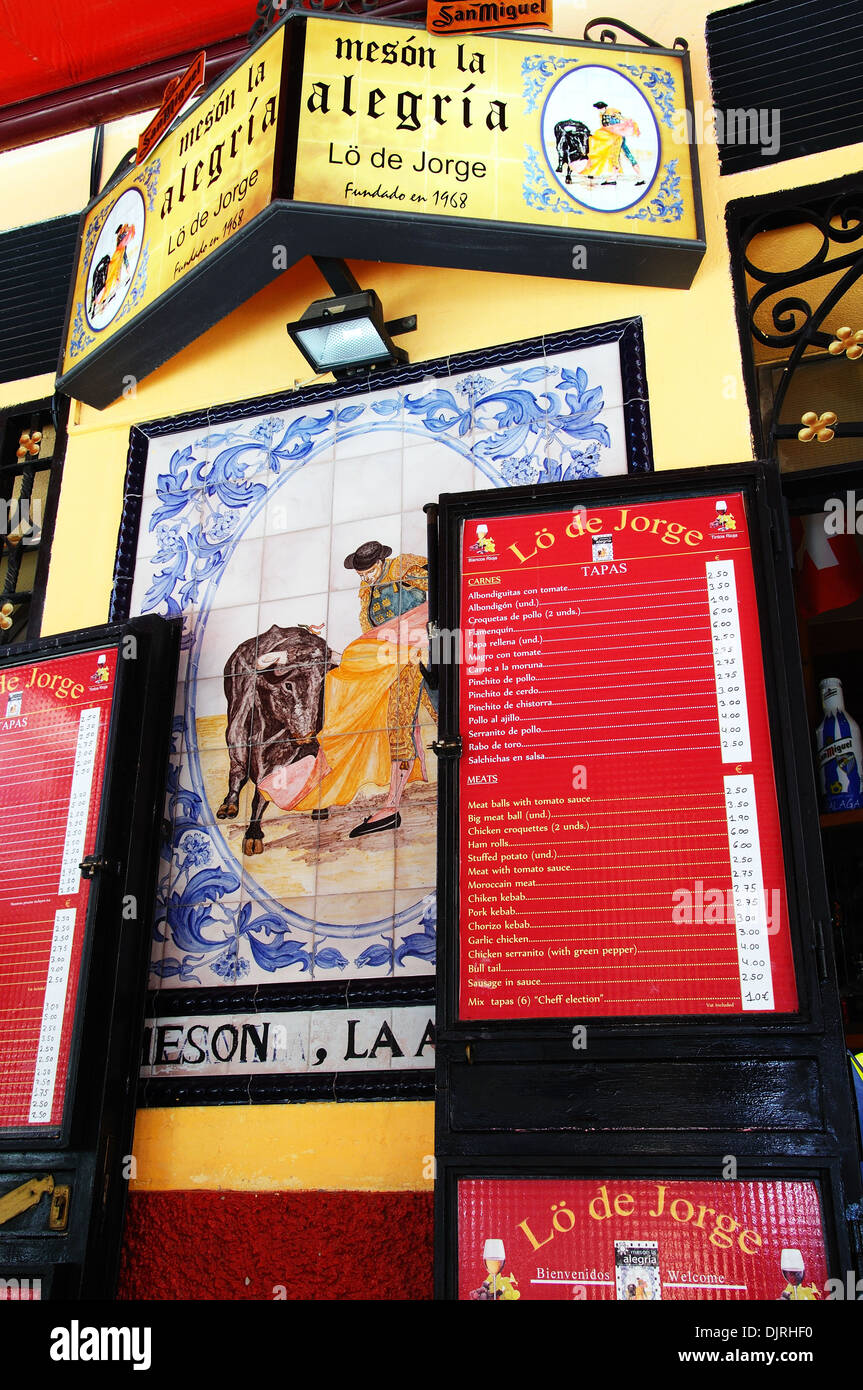 Tapas Bar menu and ceramic bullfighting picture, Malaga, Costa del Sol, Malaga Province, Andalusia, Spain, Western Europe. Stock Photo