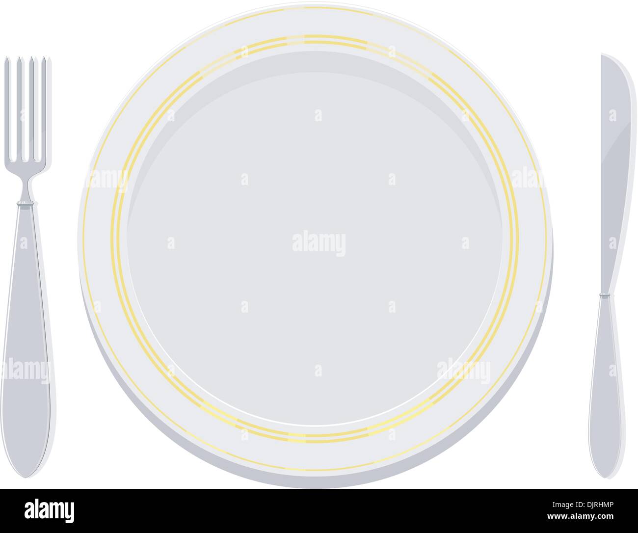 Vector image  plates with a gold rim with a fork and knife Stock Vector
