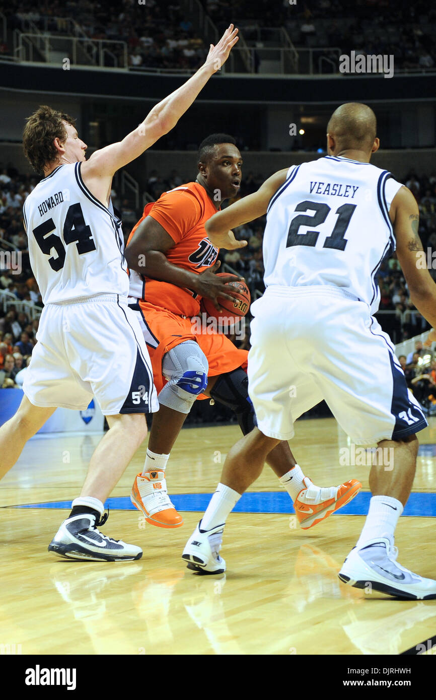 Mar. 18, 2010 - San Jose, California, U.S - 18 March 2010: Butler JR forward Matt Howard (54) and SR forward Willie Veasley (21) close in on UTEP forward JR Derrick Caracter (4) during opening round play in the West Region between the Butler Bulldogs and the University of Texas-El Paso Miners at HP Pavilion in San Jose, California. (Credit Image: © Matt Cohen/Southcreek Global/ZUMA Stock Photo