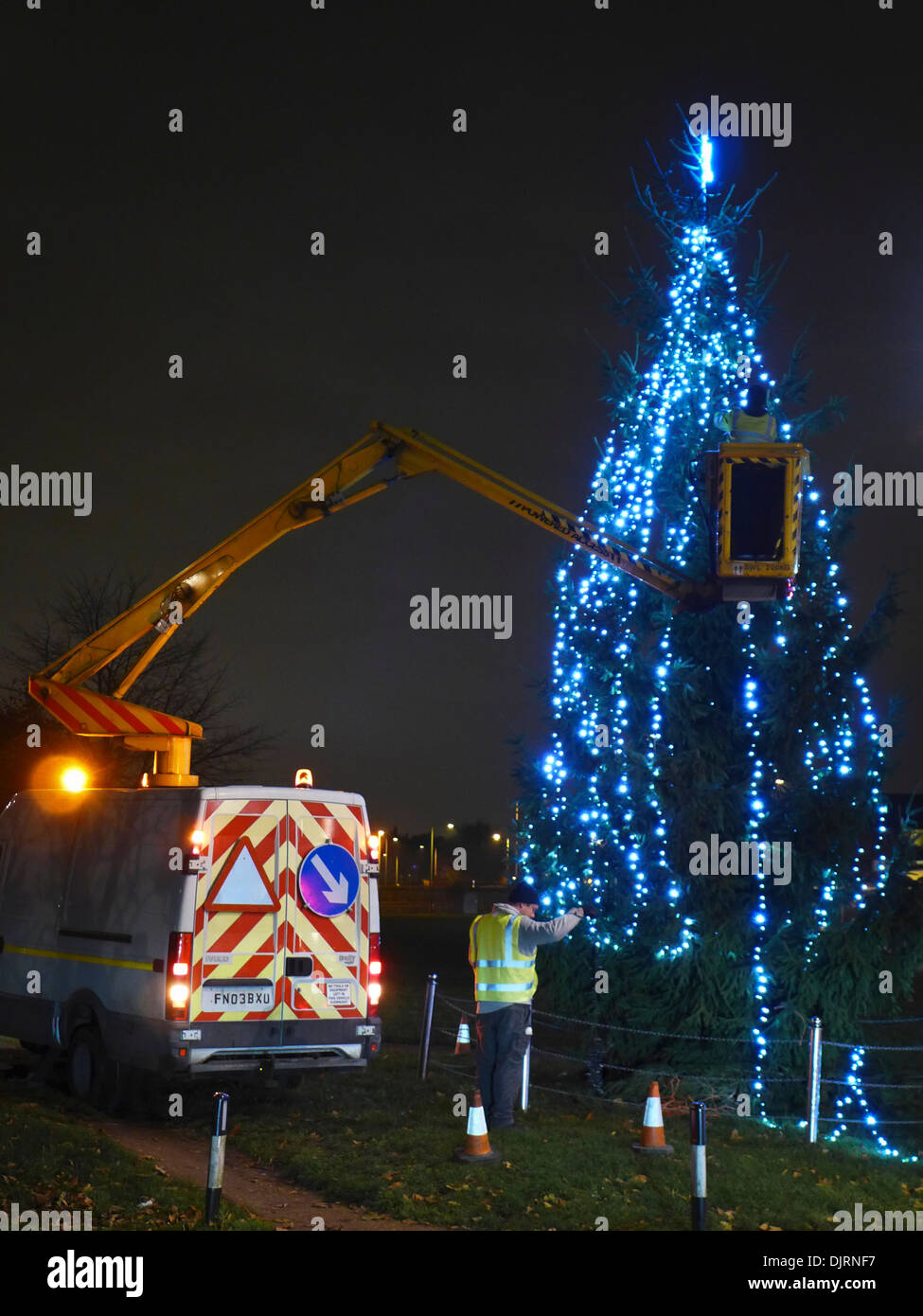 The Christmas tree on George Green, Wanstead, East London be erected. Stock Photo