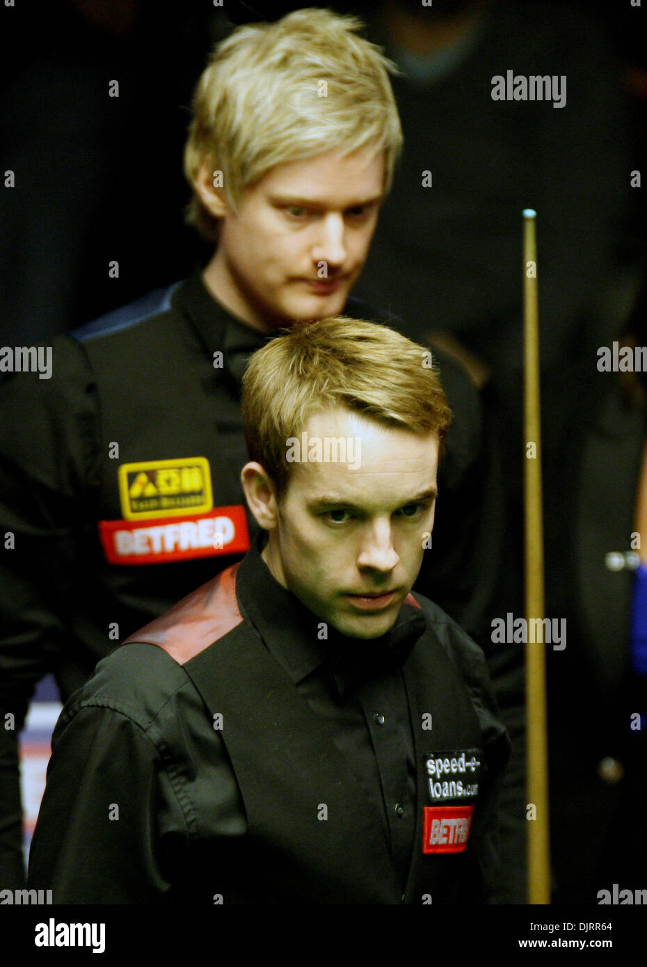 Apr. 29, 2010 - Sheffield, England - SHEFFIELD, ENGLAND - 29th April 2010 : Ali Carter of England in action against Neil Robertson Australia with Snooker Referee Michaela Tabb, during the semi-finals- (best of 33 frames) at the Betfred World Snooker Championships at the Crucible Theater in Sheffield, England. .(Neil Robertson  6-2 Allister Carter over night) (Credit Image: © Michae Stock Photo