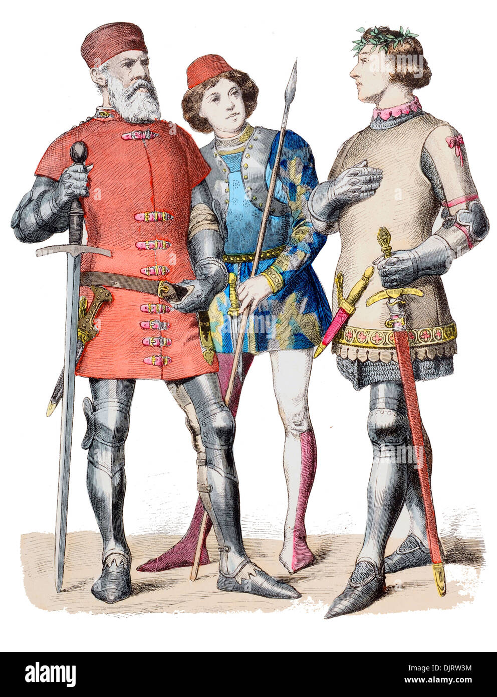 14th Century XIV 1300s Italy From (Left to right)  Venetian admiral, Soldier, Neapolitan Knight Stock Photo
