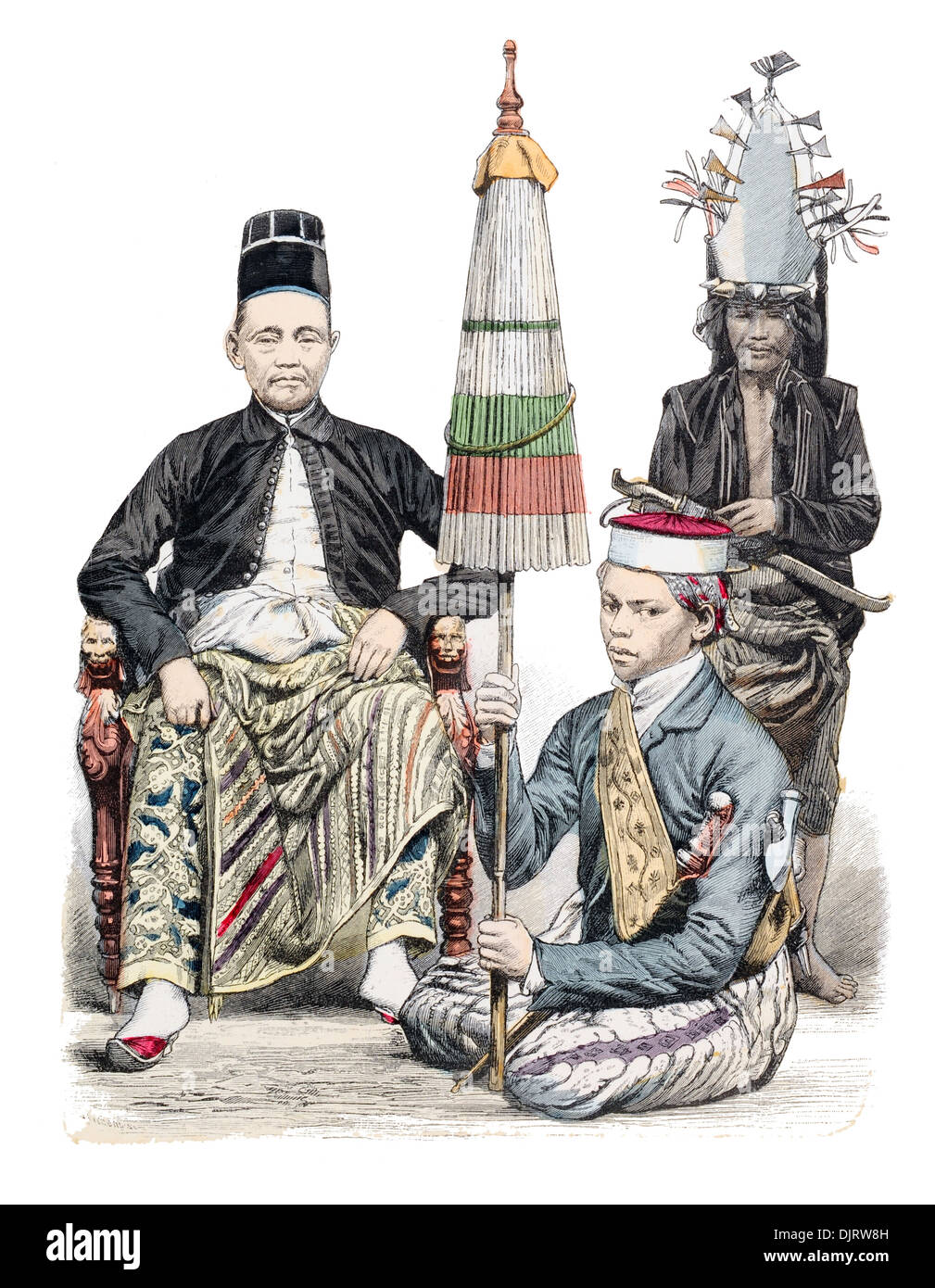Late 19th century XIX 1800s Left to right Java Regent of Cheribon with guard, Borneo man from Ninas Stock Photo