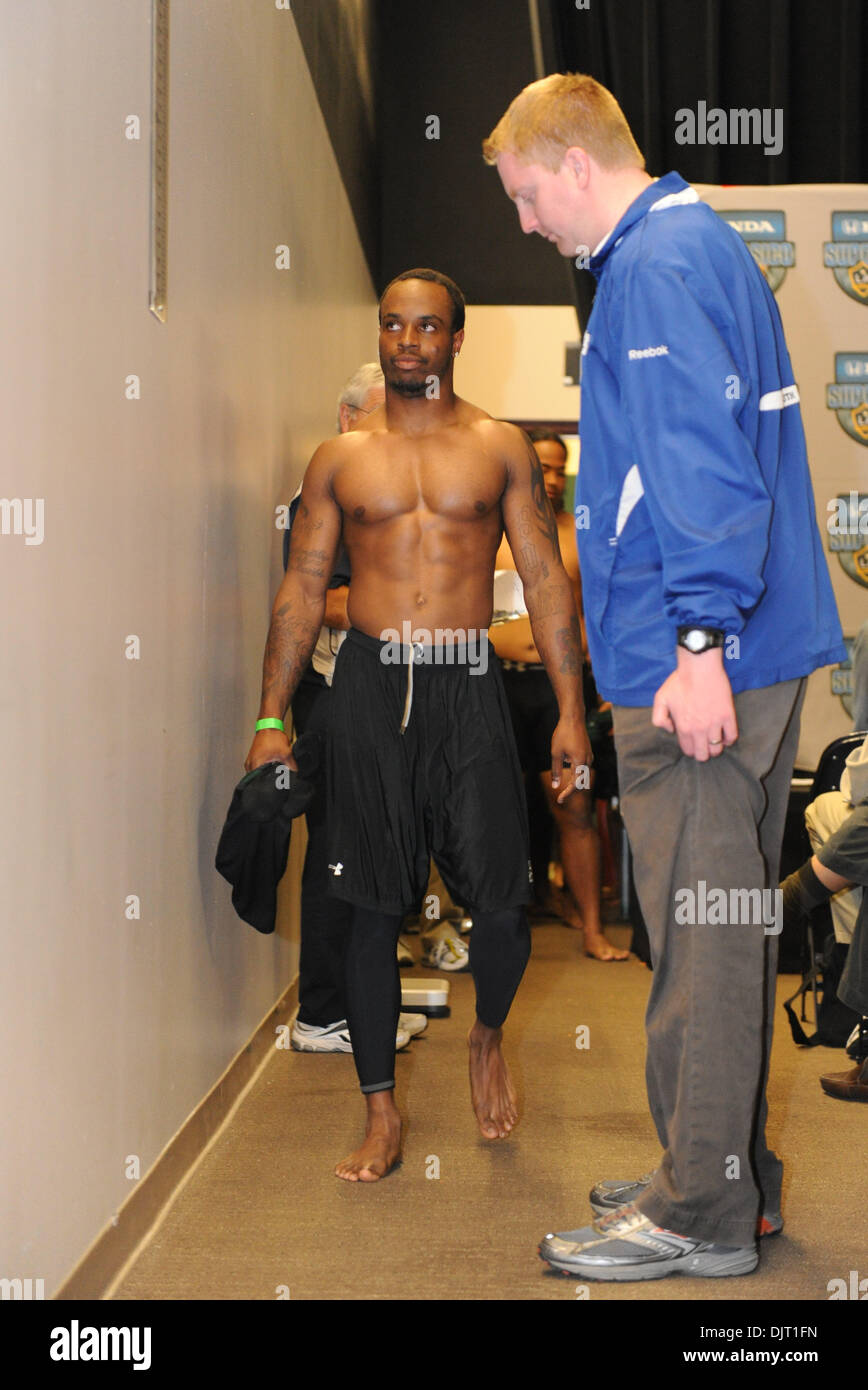 Apr. 01, 2010 - Carson, California, U.S - 1 April 2010: Hawaii WR Jovonte  Taylor walks up to get his height measured at Hawaii's college football  pro-day at the Home Depot Center