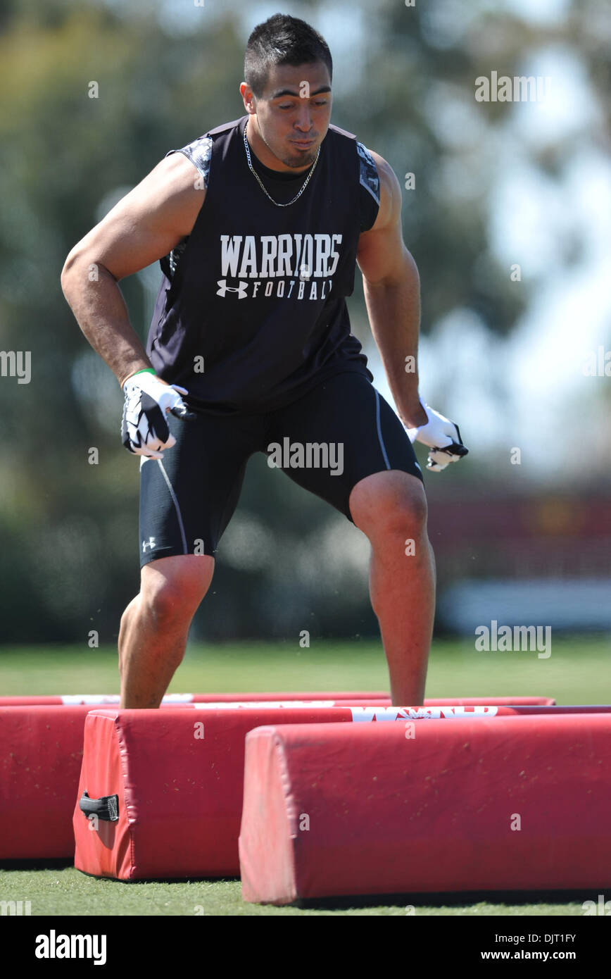 Apr. 01, 2010 - Carson, California, U.S - 1 April 2010: Hawaii's Brashton  Satele participates in positional workouts at Hawaii's college football  pro-day at the Home Depot Center in Carson, California..Mandatory Credit: